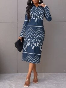 Random Letter Graphic Shirt Dress Without Belt - Blue and White - View 6