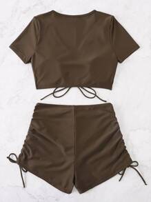 SHEIN Swim Traje de baño de bikini liso con cordón ajustable para playa en verano - Café integral - Ver 2
