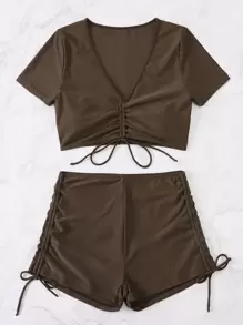 SHEIN Swim Traje de baño de bikini liso con cordón ajustable para playa en verano - Café integral - Ver 5