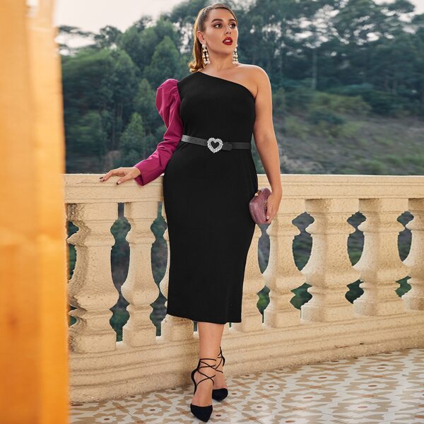 

Plus Contrast Panel One Shoulder Gigot Sleeve Split Back Dress Without Belt, Black