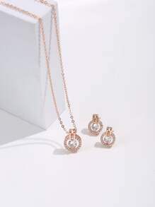水鑽裝飾圓形吊飾項鍊和耳環 - 玫瑰金 - 查看 1