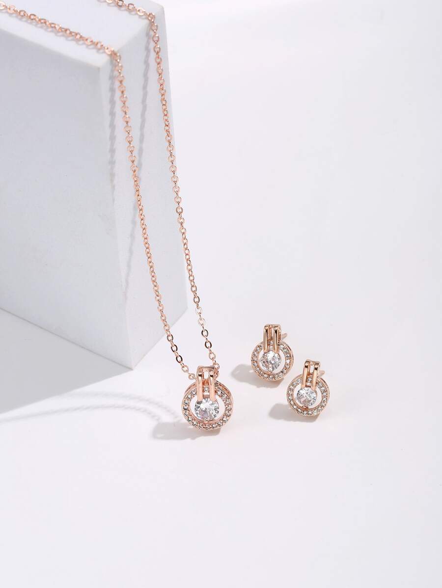 水鑽裝飾圓形吊飾項鍊和耳環 - 玫瑰金 - 查看 1