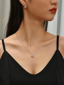 水鑽裝飾圓形吊飾項鍊和耳環 - 玫瑰金 - 查看 2