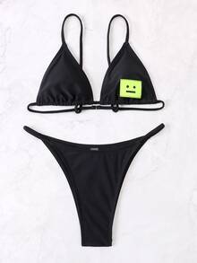 Bikini de gráficos de dibujos animados para la playa de verano - Negro - Ver 3