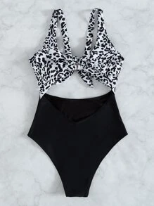 豹紋鏤空連體泳衣 - 黑與白 - 查看 2