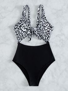 豹紋鏤空連體泳衣 - 黑與白 - 查看 3
