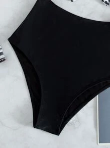 豹紋鏤空連體泳衣 - 黑與白 - 查看 4