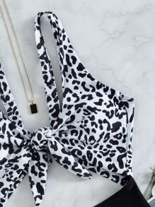 豹紋鏤空連體泳衣 - 黑與白 - 查看 5