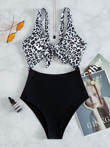 豹紋鏤空連體泳衣 - 黑與白 - 查看 6
