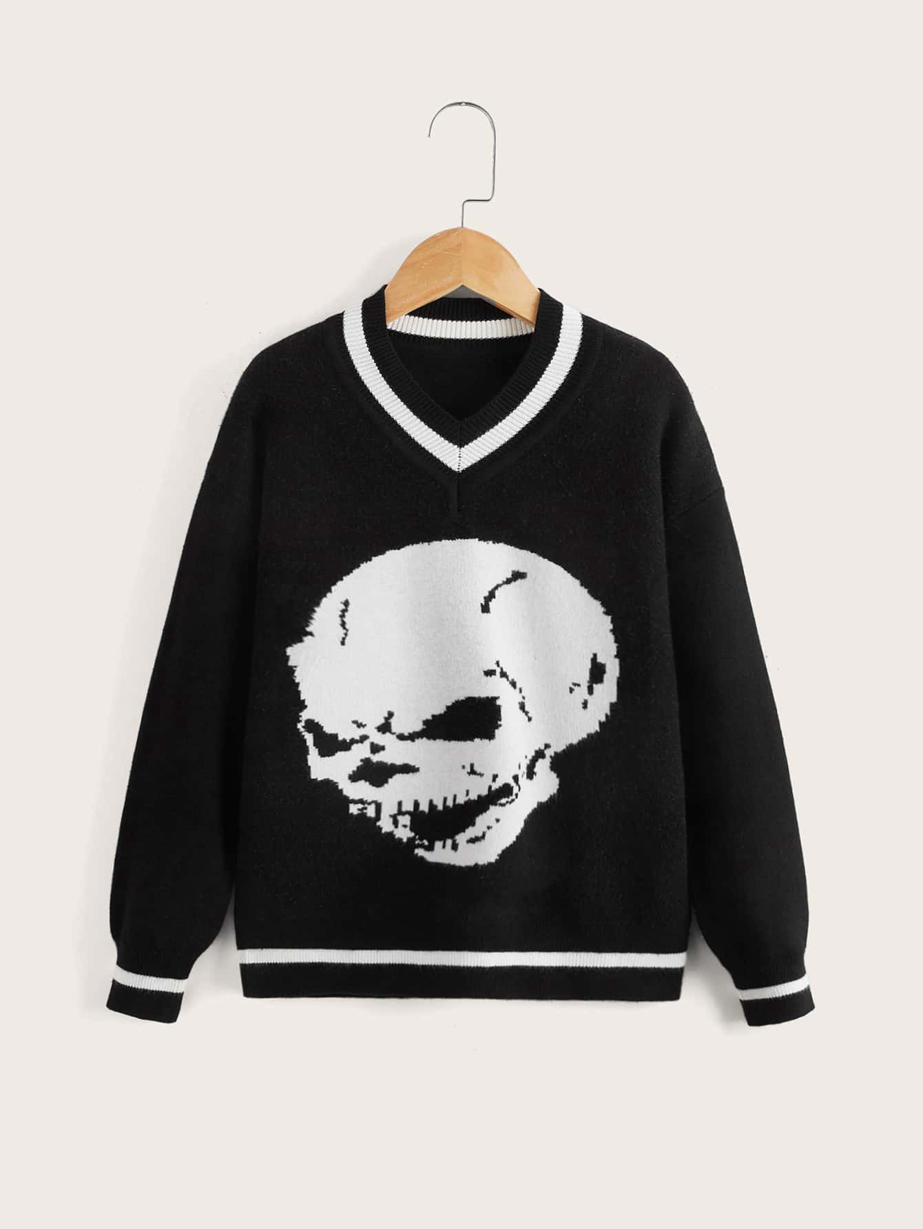 SHEIN Boys Skeleton Pattern Drop Shoulder Striped Trim Jumper - Black - View 1