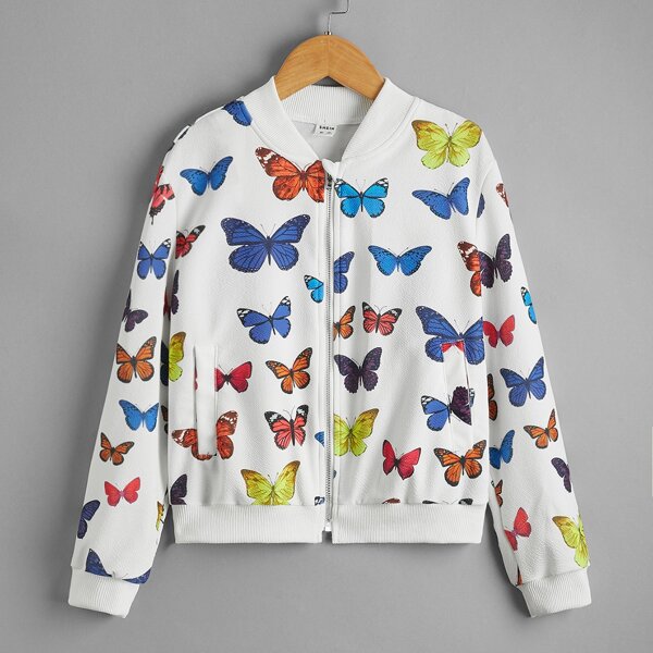 

Girls Butterfly Print Bomber Jacket, White