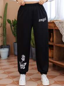 Flirla Plus Size Quần thể thao Hoa Lá thư - màu đen - Xem 1