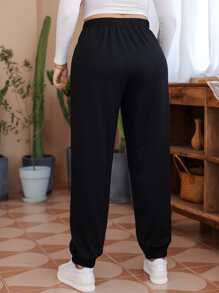 Flirla Plus Size Quần thể thao Hoa Lá thư - màu đen - Xem 2