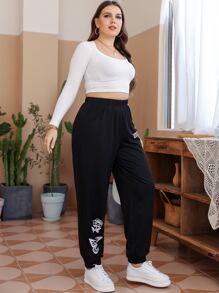 Flirla Plus Size Quần thể thao Hoa Lá thư - màu đen - Xem 5