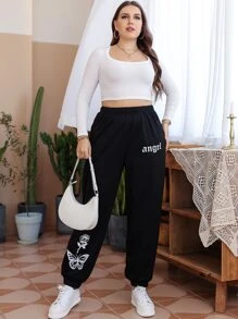Flirla Plus Size Quần thể thao Hoa Lá thư - màu đen - Xem 6