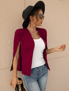 Cloak Sleeve Open Front Blazer - Burgundy - View 3