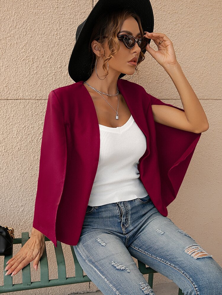 Cloak Sleeve Open Front Blazer - Burgundy - View 8
