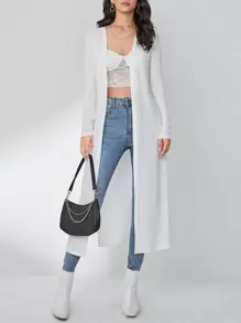 SHEIN LUNE 條紋針織下擺開叉開門襟外套 - 白色 - 查看 1