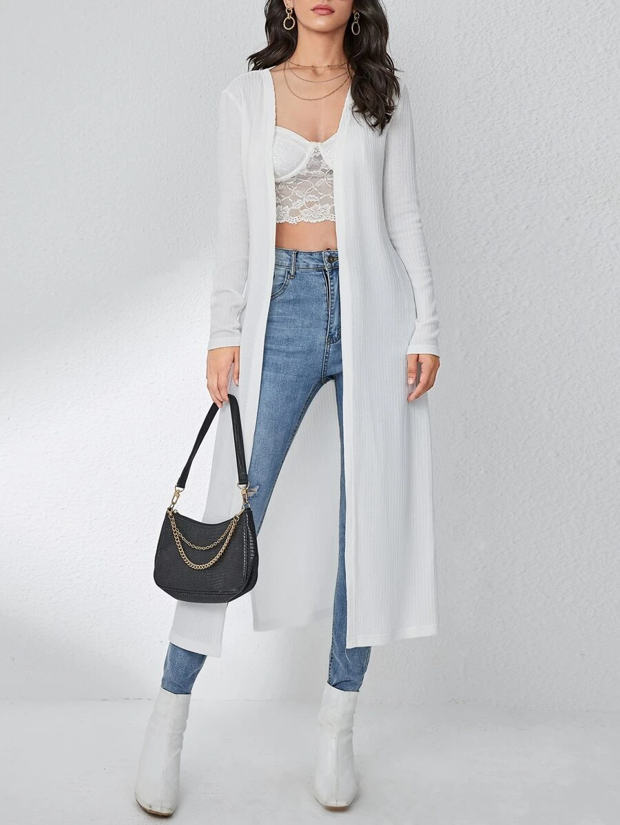 SHEIN LUNE 條紋針織下擺開叉開門襟外套 - 白色 - 查看 1