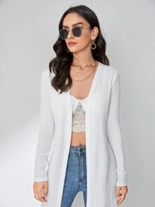 SHEIN LUNE 條紋針織下擺開叉開門襟外套 - 白色 - 查看 3