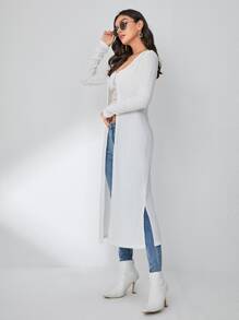 SHEIN LUNE 條紋針織下擺開叉開門襟外套 - 白色 - 查看 4