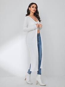 SHEIN LUNE 條紋針織下擺開叉開門襟外套 - 白色 - 查看 5