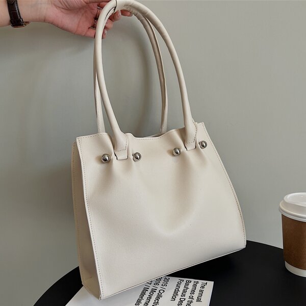 

Bead Decor Shoulder Tote Bag With Inner Pouch, Beige
