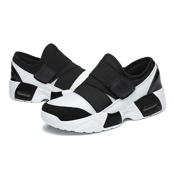 

Colorblock Knit Detail Velcro Strap Sneakers, Black and white