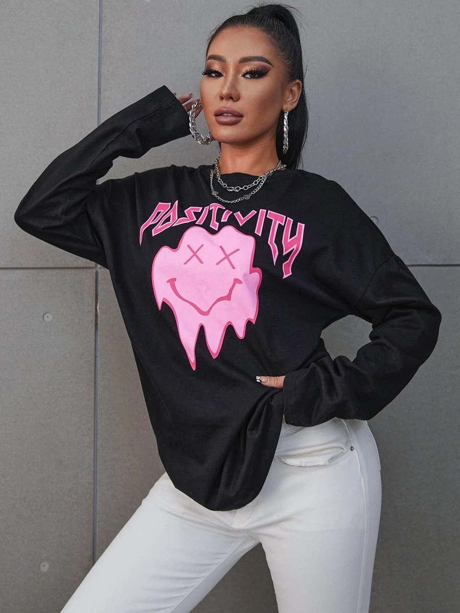 SHEIN Unity Áo thun nữ Hoạt hình Lá thư Giải trí - màu đen - Xem 1