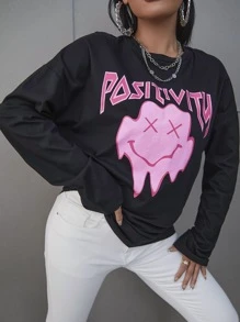 SHEIN Unity Áo thun nữ Hoạt hình Lá thư Giải trí - màu đen - Xem 3