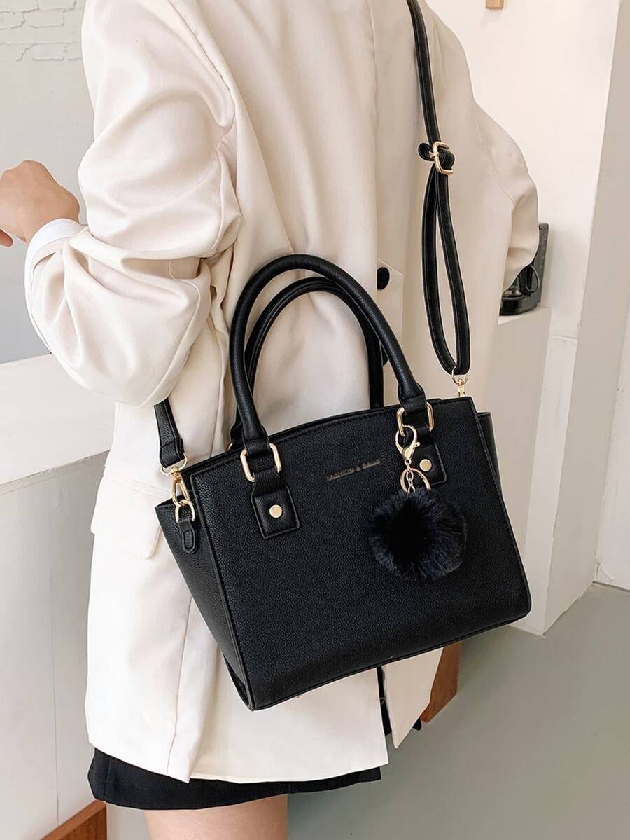 Letter Graphic Satchel Bag With Pom Pom SHEIN USA