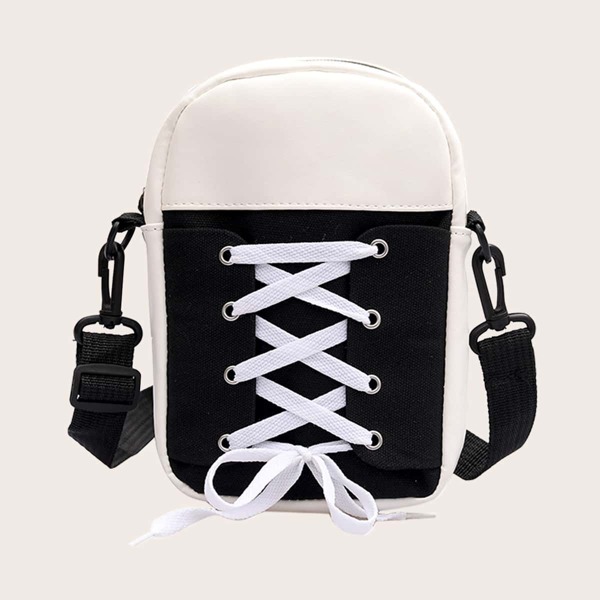 

Lace-up Decor Colorblock Crossbody Bag, Black and white