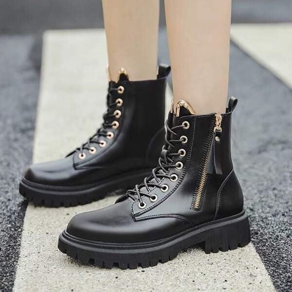 

Minimalist Zipper Decor Combat Boots, Black