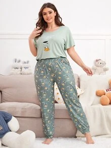 Conjunto de pijama con estampado de letra y dibujos animados - verde menta - Ver 1