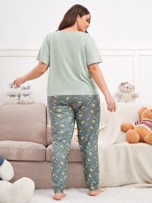 Conjunto de pijama con estampado de letra y dibujos animados - verde menta - Ver 2