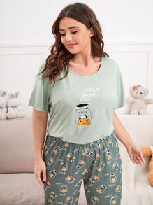 Conjunto de pijama con estampado de letra y dibujos animados - verde menta - Ver 3
