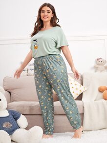 Conjunto de pijama con estampado de letra y dibujos animados - verde menta - Ver 4