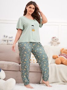 Conjunto de pijama con estampado de letra y dibujos animados - verde menta - Ver 5