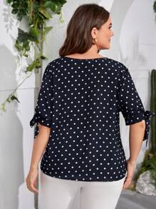 SHEIN Clasi 夏季加大圆点系带袖口衬衫 - 藏蓝色 - 查看 2