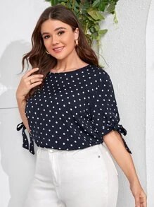 SHEIN Clasi 夏季加大圆点系带袖口衬衫 - 藏蓝色 - 查看 4