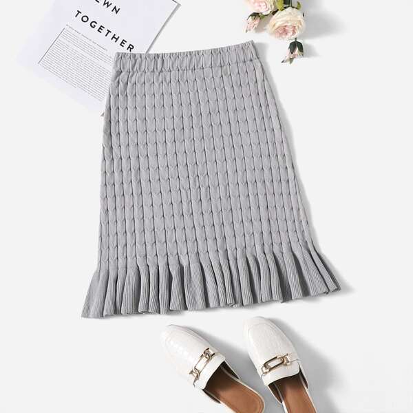 

Ruffle Hem Cable Knit Skirt, Grey