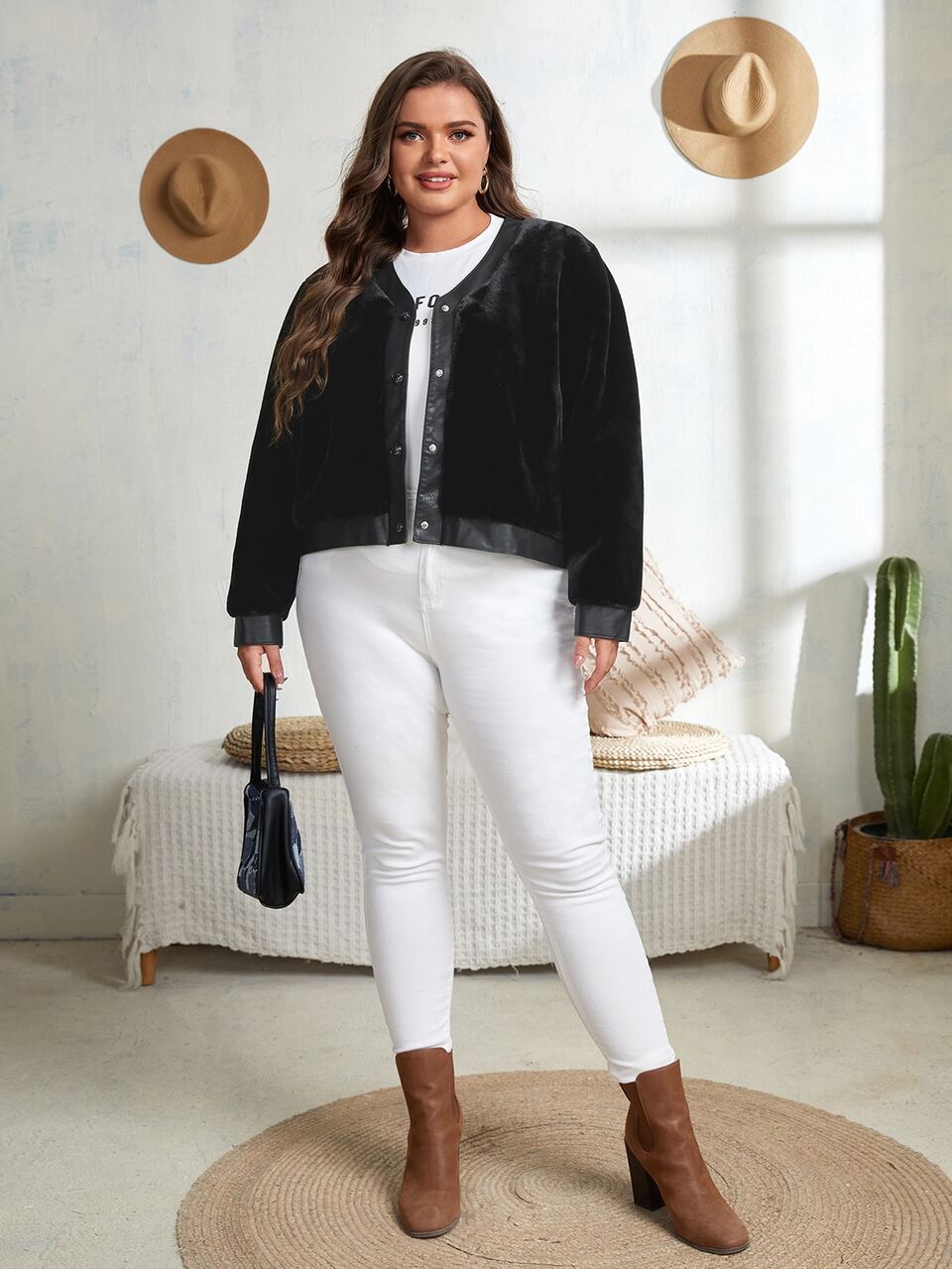 Plus Contrast Trim Velvet Jacket