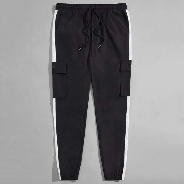 

Men Drawstring Waist Contrast Side Seam Patch Detail Pants, Black