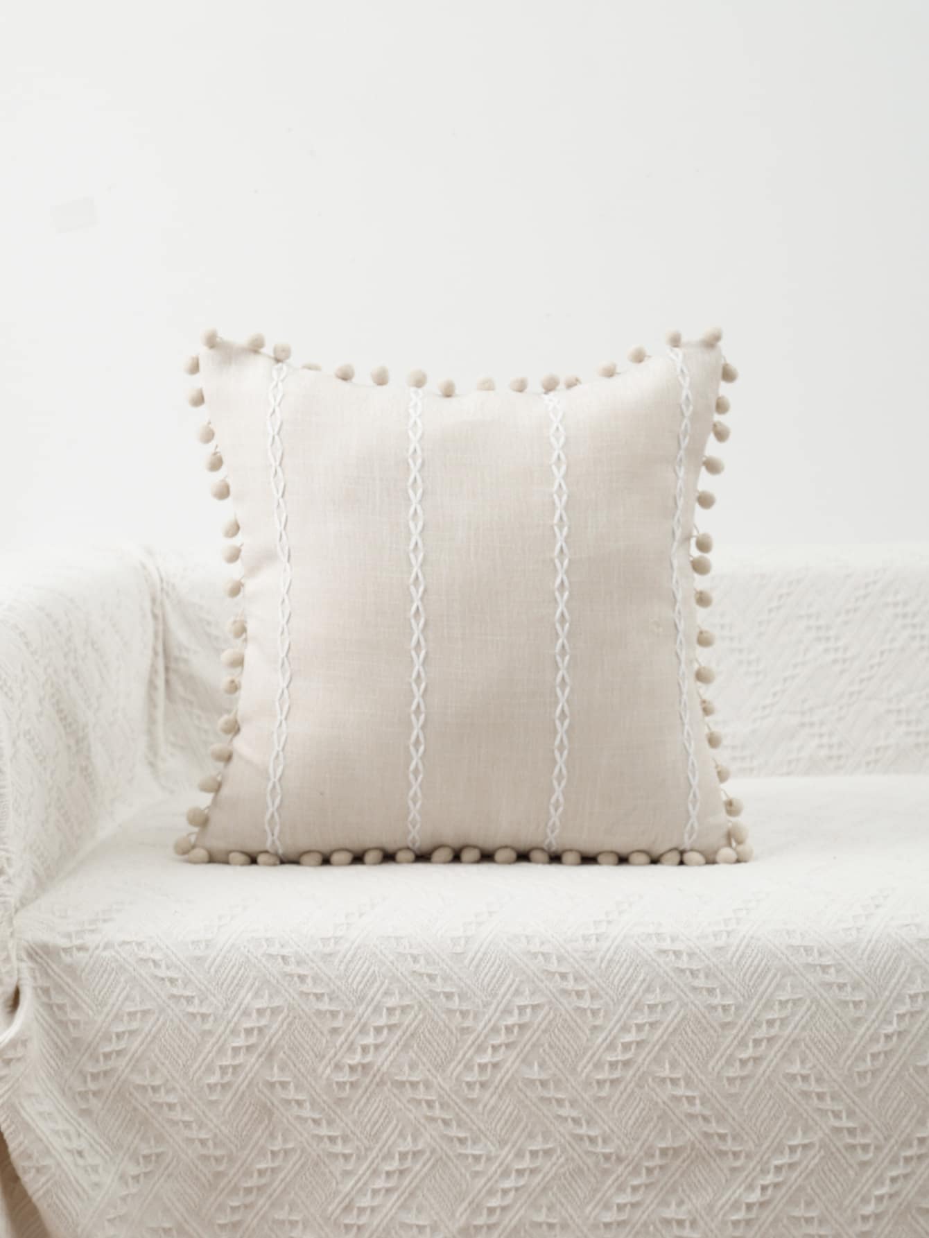 Pom Pom Decor Cushion Cover Without Filler - Beige - View 1