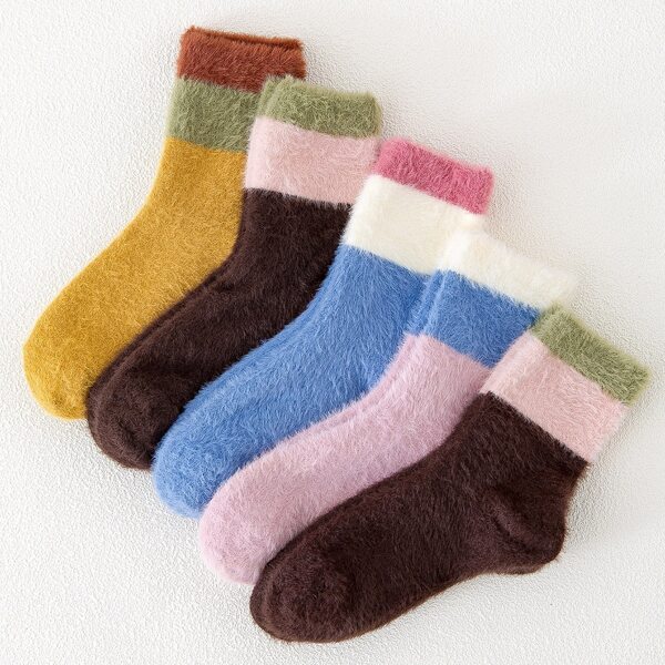 

5pairs Color Block Crew Socks, Multicolor