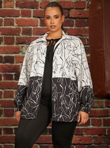 SHEIN Plus Colour Block Figure Graphic Jacket - Black and White - View 1