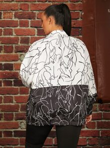 SHEIN Plus Colour Block Figure Graphic Jacket - Black and White - View 2