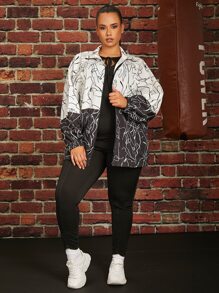 SHEIN Plus Colour Block Figure Graphic Jacket - Black and White - View 3