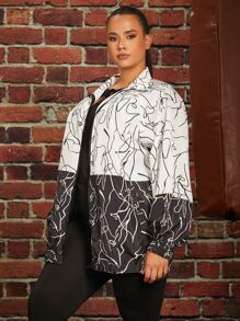 SHEIN Plus Colour Block Figure Graphic Jacket - Black and White - View 5