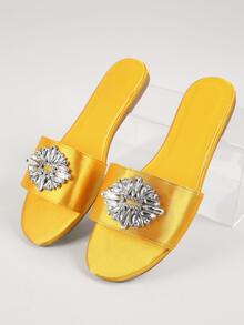 緞面胸針細節平底涼鞋 - 黃色 - 查看 2